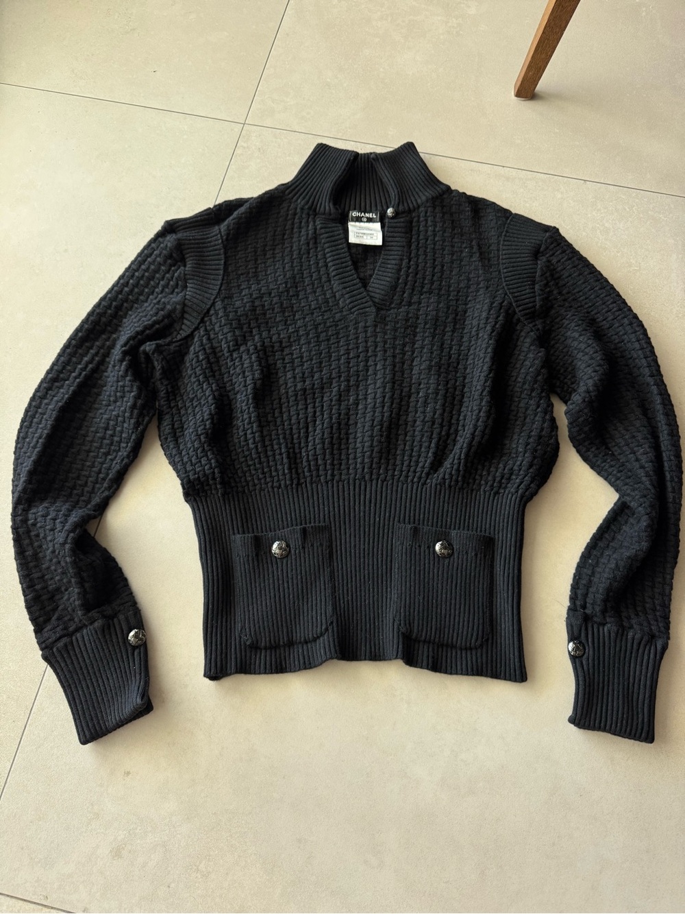 CHANEL Black Textured V-Neck Sweater with Pocket Buttons